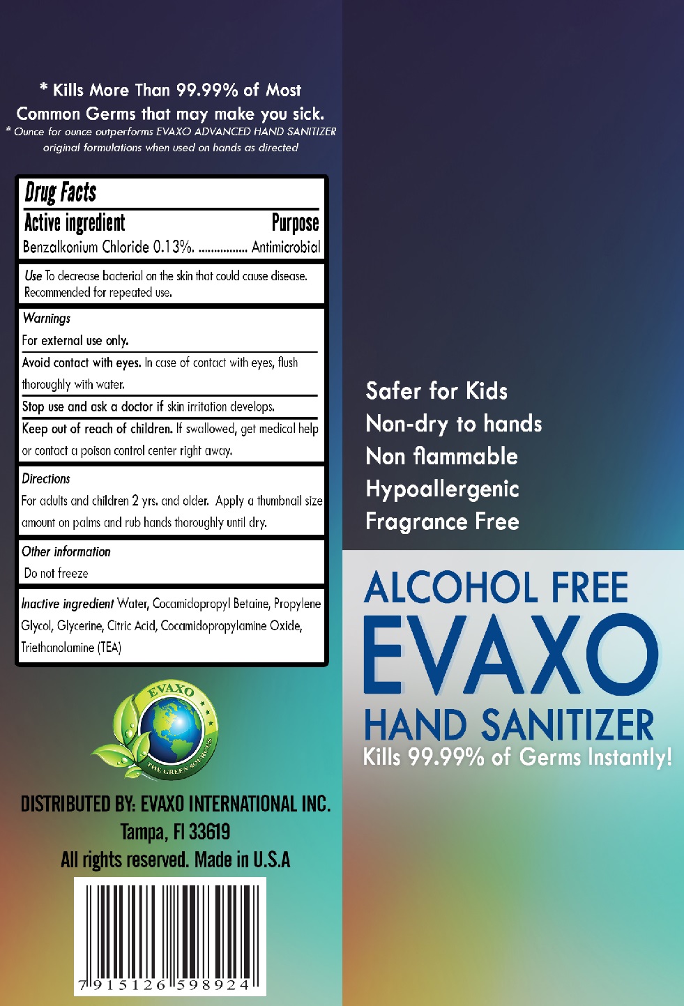 Evaxo Hand Sanitizer Benzalkonium Chloride Liquid