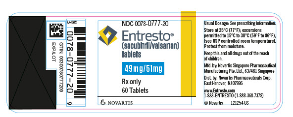 PRINCIPAL DISPLAY PANEL
								NDC: <a href=/NDC/0078-0777-20>0078-0777-20</a>
								Entresto®
								(sacubitril/valsartan) tablets
								49 mg / 51 mg
								Rx only
								60 Tablets
								Novartis