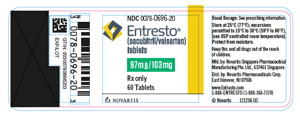 PRINCIPAL DISPLAY PANEL
								NDC: <a href=/NDC/0078-0696-20>0078-0696-20</a>
								Entresto®
								(sacubitril/valsartan) tablets
								97 mg / 103 mg
								Rx only
								60 Tablets
								Novartis