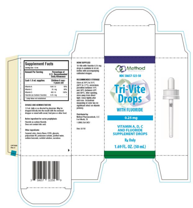 NDC: <a href=/NDC/58657-323-50>58657-323-50</a>
Tri-Vite
Drops
WITH FLUROIDE 
0.25 mg
1.69 FL. OZ. (50 mL)
