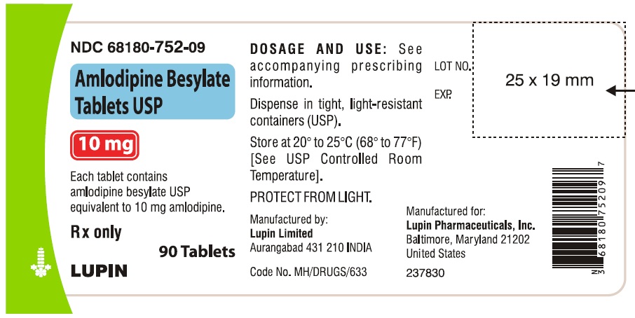 AMLODIPINE BESYLATE TABLETS USP
Rx Only
10 mg
NDC: <a href=/NDC/68180-752-09>68180-752-09</a>
						90 Tablets