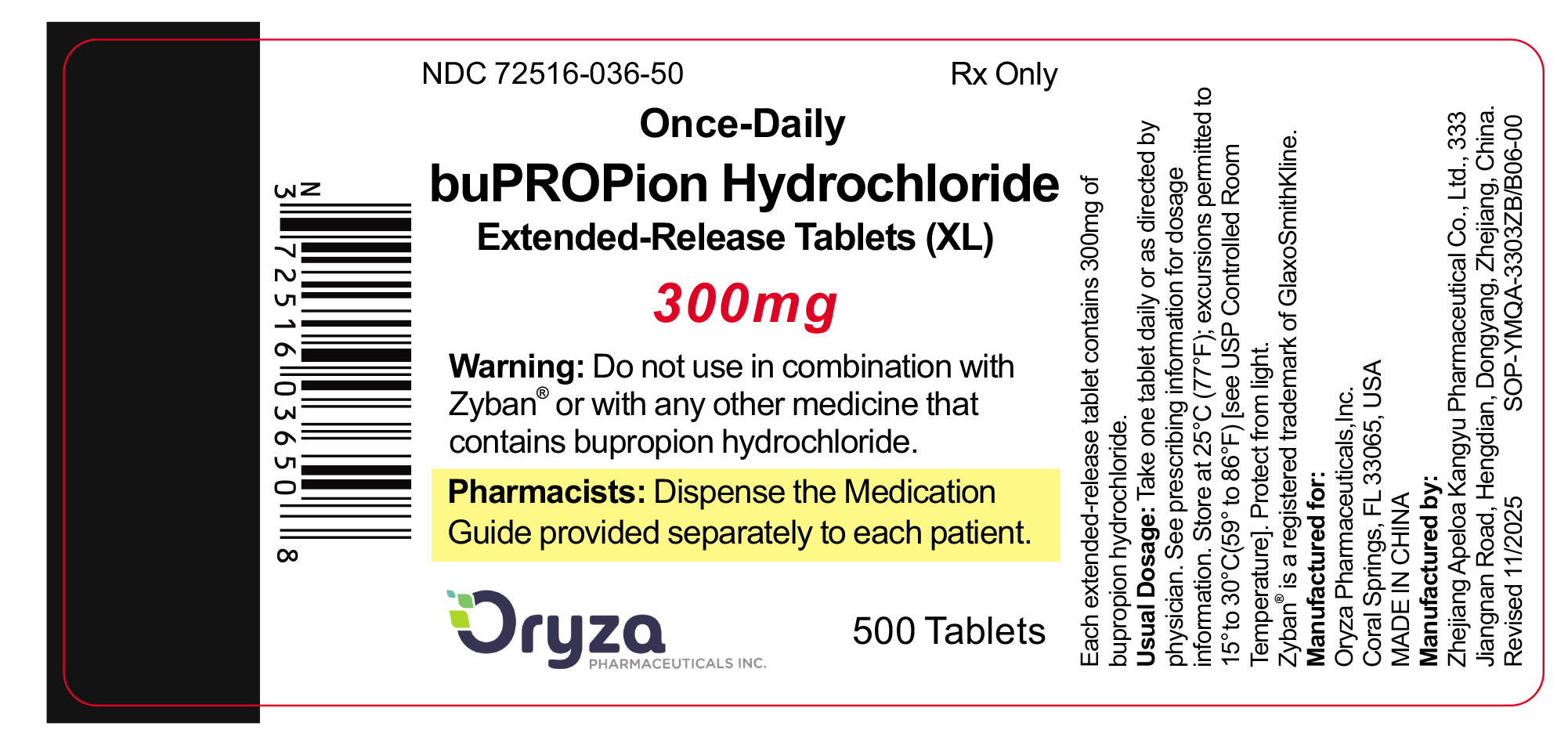 Bupropion Hydrochloride Extended-Release Tablets (XL), 300 mg, 500 count