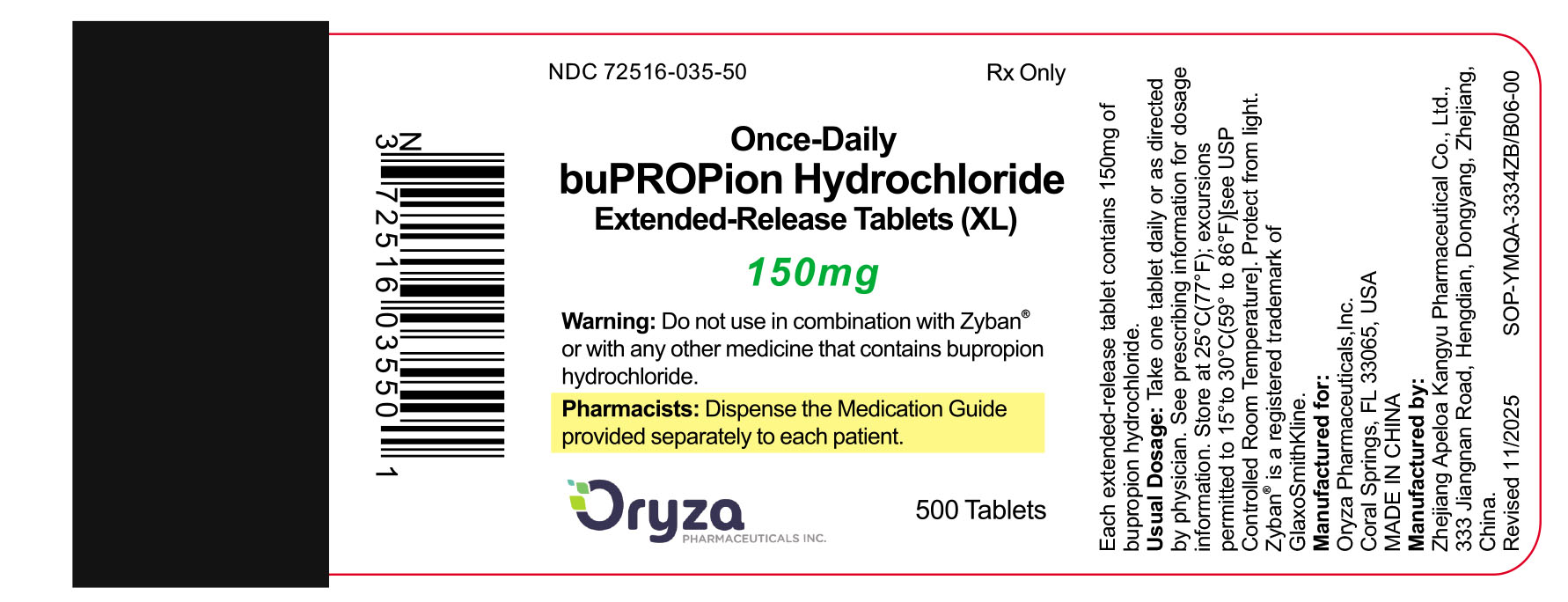 Bupropion Hydrochloride Extended Release Tablets, 150 mg, 500 Tablets