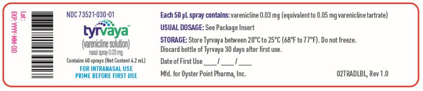 PRINCIPAL DISPLAY PANEL
NDC: <a href=/NDC/73521-030-01>73521-030-01</a>
tyrvaya
(varenicline) nasal spray
0.03 mg per spray
Contains 60 sprays (Net Content 4.2 mL)
