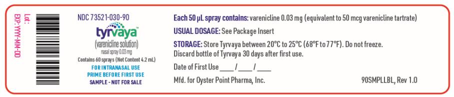 PRINCIPAL DISPLAY PANEL
NDC: <a href=/NDC/73521-030-90>73521-030-90</a>
tyrvaya
(varenicline) nasal spray
0.03 mg per spray
Contains 60 sprays (Net Content 4.2 mL)
