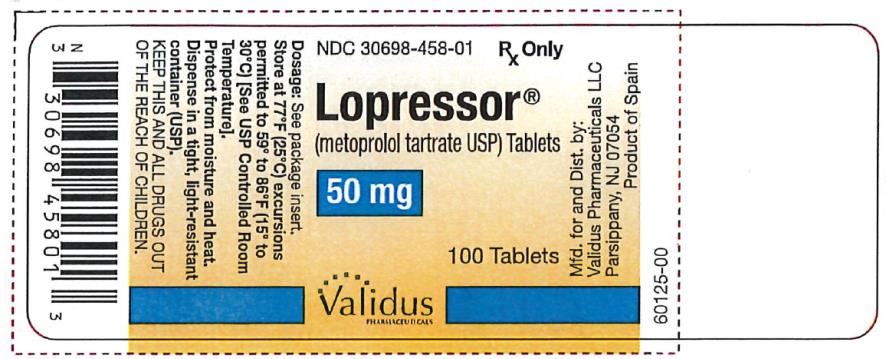 PRINCIPAL DISPLAY PANEL
NDC: <a href=/NDC/30698-458-01>30698-458-01</a>
Lopressor
(metoprolol tartrate USP) Tablets
50 mg
100 Tablets
Rx Only
