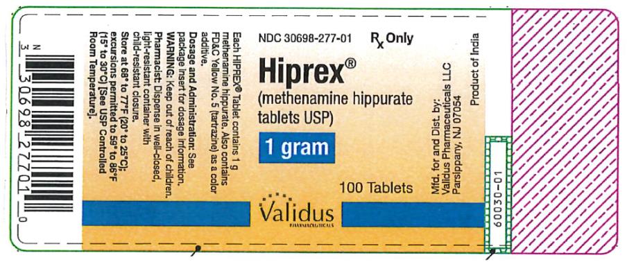 PRINCIPAL DISPLAY PANEL
NDC: <a href=/NDC/30698-277-01>30698-277-01</a>
Hiprex
(methenamine hippurate
Tablets USP)
1 gram
100 Tablets
Rx Only

