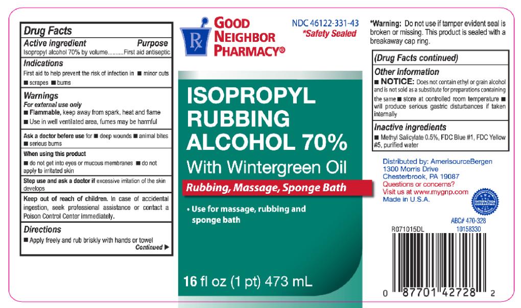 Principal Display Panel
NDC: <a href=/NDC/46122-331-43>46122-331-43</a>
ISOPROPYL
RUBBING
ALCOHOL 70%
With Wintergreen Oil
Rubbing, Massage, Sponge Bath
16 fl oz (1 pt) 473 mL