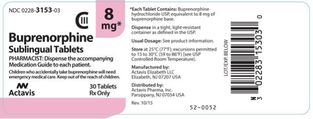 PRINCIPAL DISPLAY PANEL NDC: <a href=/NDC/0228-3153-03>0228-3153-03</a> Buprenorphine Sublingual Tablets 8 mg 30 Tablets Rx Only