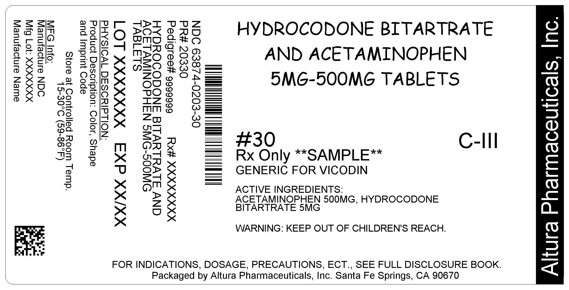 This is an image of the label for 5 mg/500 mg Hydrocodone Bitartrate and Acetaminophen Tablets.