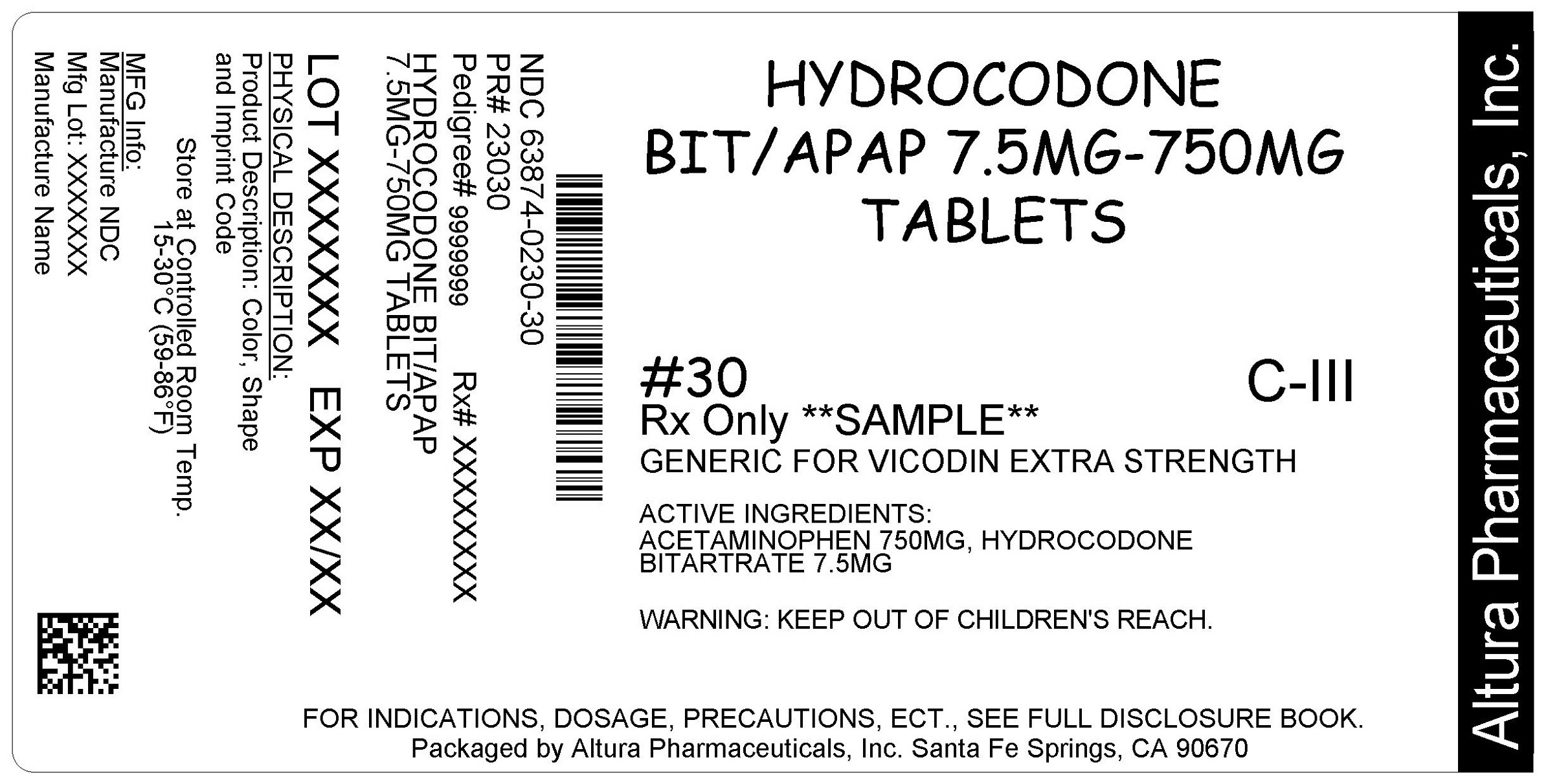 This is an image of the label for 7.5 mg/750 mg Hydrocodone Bitartrate and Acetaminophen Tablets.