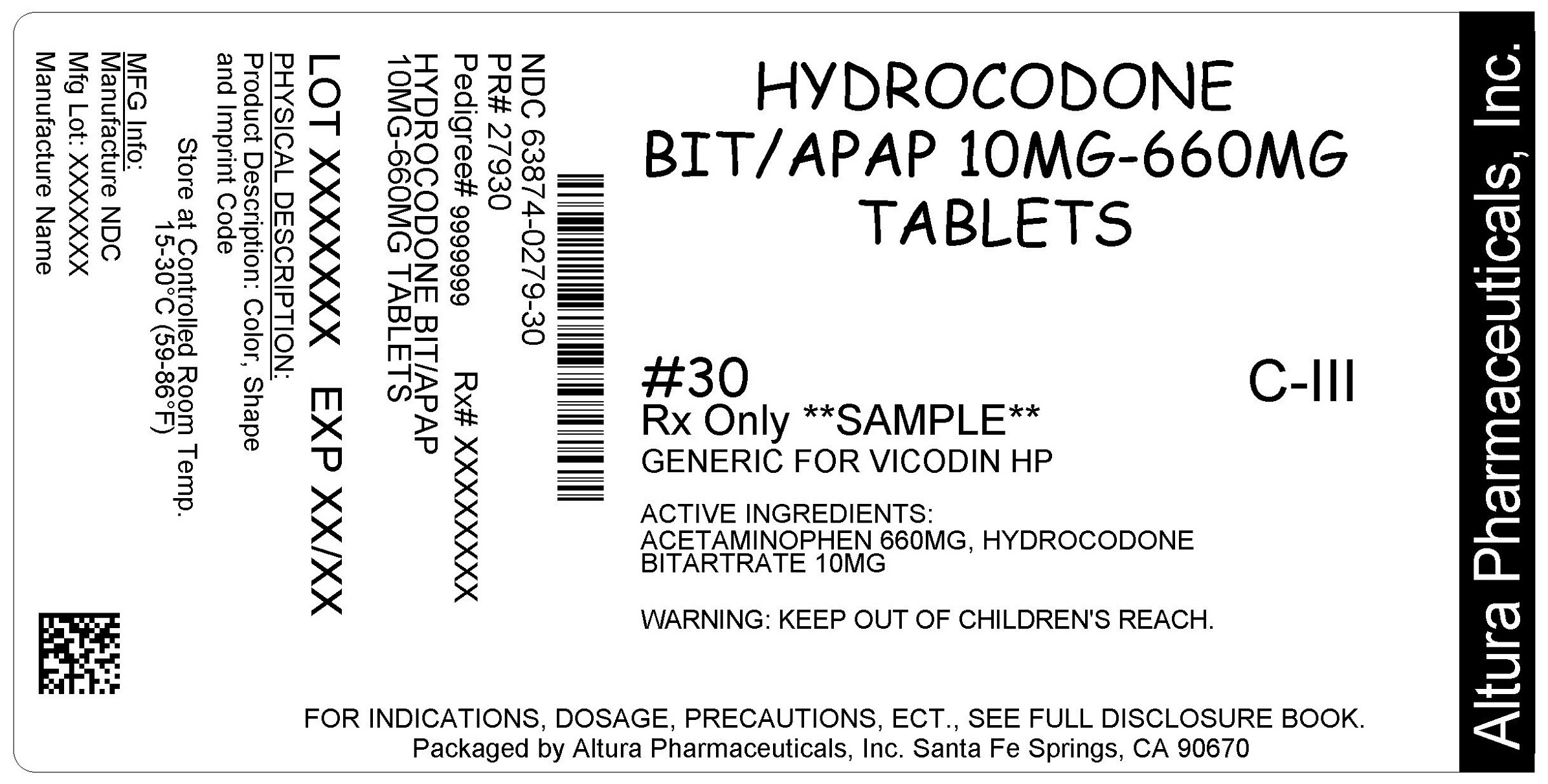 This is an image of the label for 10 mg/660 mg Hydrocodone Bitartrate and Acetaminophen Tablets.