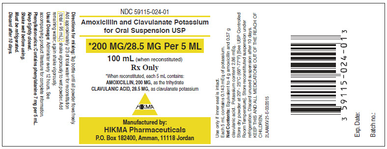 NDC: <a href=/NDC/59115-024-01>59115-024-01</a> Amoxicillin and Clavulanate Potassium for Oral Suspension, USP *200 MG/28.5 MG Per 5ML