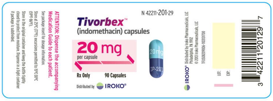 PRINCIPAL DISPLAY PANEL
NDC: <a href=/NDC/42211-201-29>42211-201-29</a>
Tivorbex
(indomethacin) capsules
20 mg
per capsule
90 Capsules
Rx Only
