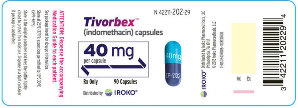 PRINCIPAL DISPLAY PANEL
NDC: <a href=/NDC/42211-202-29>42211-202-29</a>
Tivorbex
(indomethacin) capsules
40 mg
per capsule
90 Capsules
Rx Only
