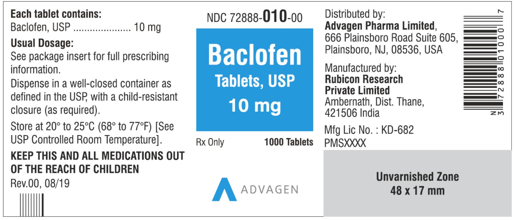 NDC: <a href=/NDC/72888-010-00>72888-010-00</a> - Baclofen Tablets, USP 10 mg - 1000 Tablets