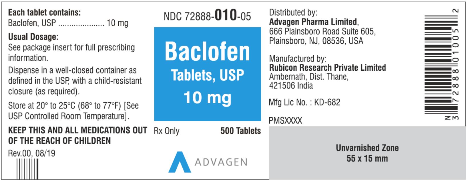 NDC: <a href=/NDC/72888-010-05>72888-010-05</a> - Baclofen Tablets, USP 10 mg - 500 Tablets