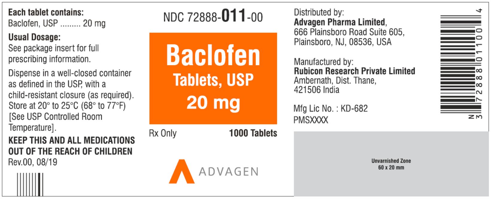 NDC: <a href=/NDC/72888-011-00>72888-011-00</a> - Baclofen Tablets, USP 20 mg - 1000 Tablets