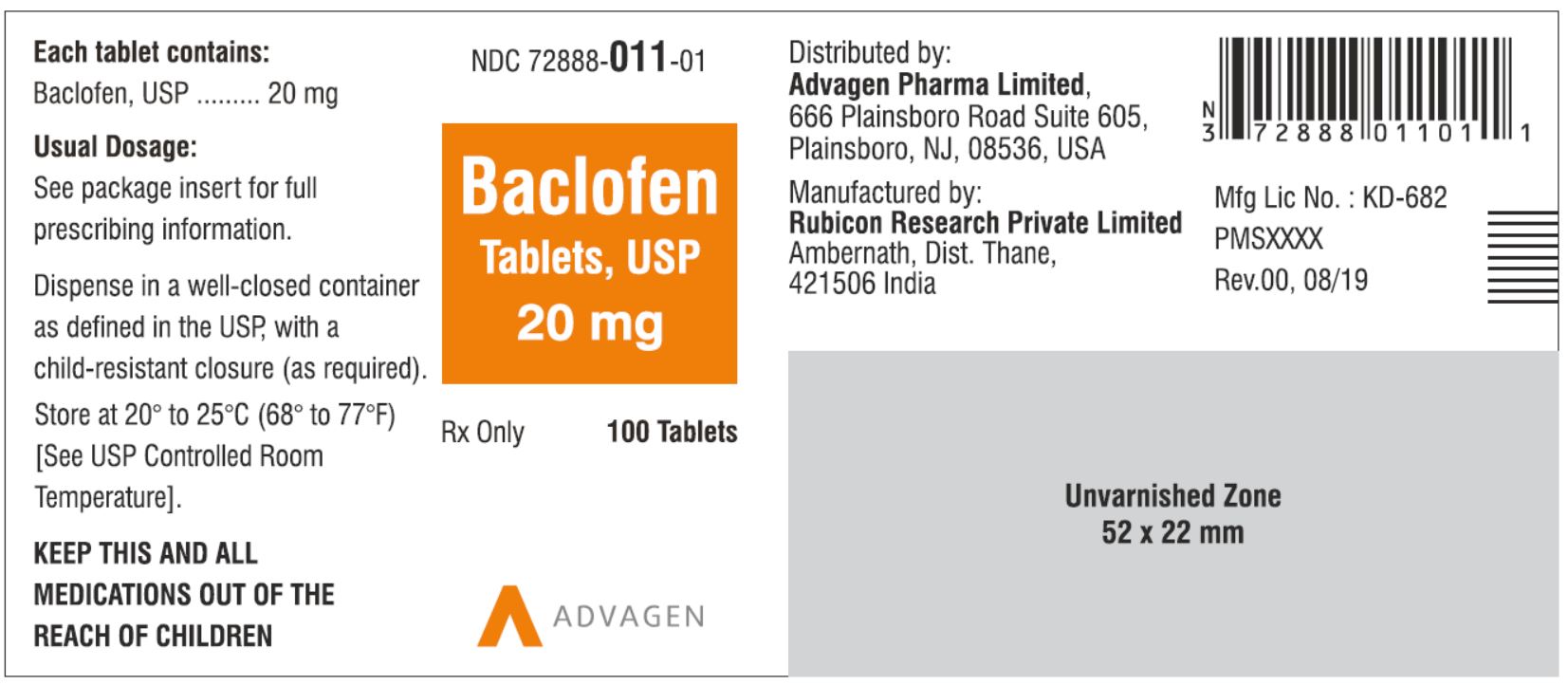 NDC: <a href=/NDC/72888-011-01>72888-011-01</a> - Baclofen Tablets, USP 20 mg - 100 Tablets