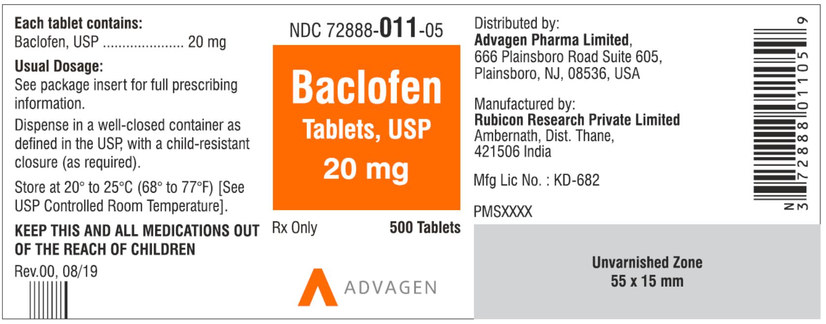 NDC: <a href=/NDC/72888-011-05>72888-011-05</a> - Baclofen Tablets, USP 20 mg - 500 Tablets