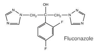 The structural formula for Fluconazole, the first of a new subclass of synthetic triazole antifungal agents, is available as a sterile solution for intravenous use in INTRAVIA plastic container.
Fluconazole is designated chemically as 2,4-difluoro-α,α1-bis(1H-1,2,4-triazol-1-ylmethyl) benzyl alcohol with an empirical formula of C13H12F2N6O and
molecular weight 306.3. 
