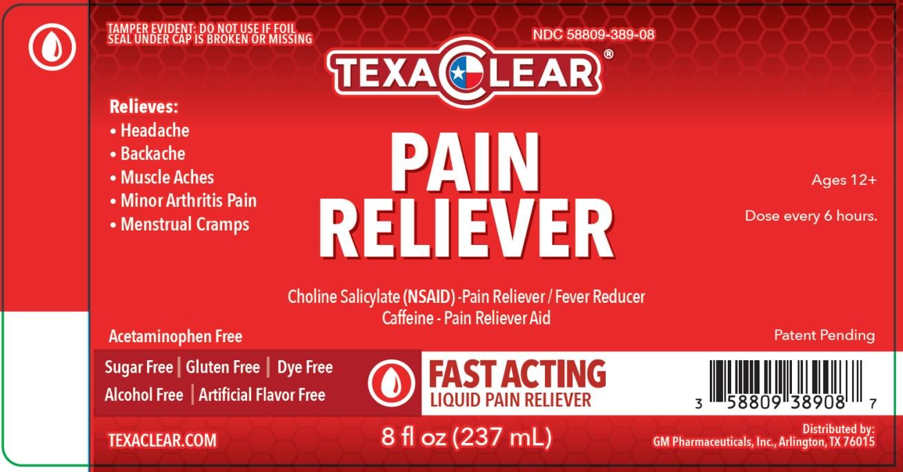 PRINCIPAL DISPLAY PANEL
NDC: <a href=/NDC/58809-389-08>58809-389-08</a>
TEXACLEAR 
Pain 
Reliever 
8 fl oz (237 mL)
