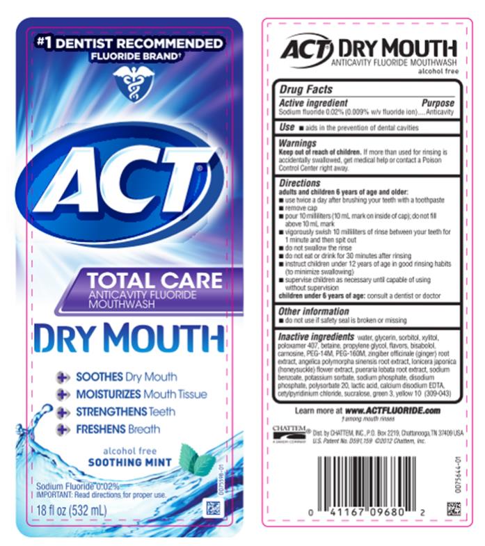 #1 DENTIST RECOMMENDED 
FLUORIDE BRAND
ACT® TOTAL CARE 
ANTICAVITY FLUORIDE RINSE 
DRY MOUTH
● SOOTHES Dry Mouth
● MOISTURIZES Mouth Tissue
● STRENGTHENS Teeth
● FRESHENS Breath
Sodium Fluoride 0.02%
18 fl oz (532 mL)
