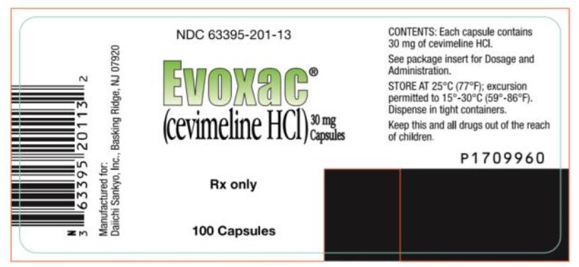 PRINCIPAL DISPLAY PANEL
NDC: <a href=/NDC/63395-201-13>63395-201-13</a>
EVOXAC
(cevimeline HCI)
30 mg
Capsules
100 Capsules
Rx Only
