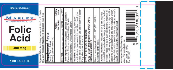 PRINCIPAL DISPLAY PANEL
NDC: <a href=/NDC/10135-0180-0>10135-0180-0</a>1
Folic Acid
400 mcg
100 TABLETS
