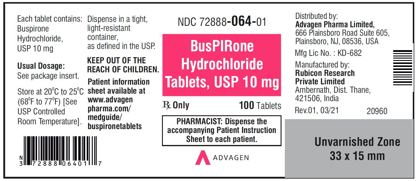 Buspirone HCL Tablets,USP 10 mg - NDC: <a href=/NDC/72888-064-01>72888-064-01</a>  - 100 Tablets Bottle