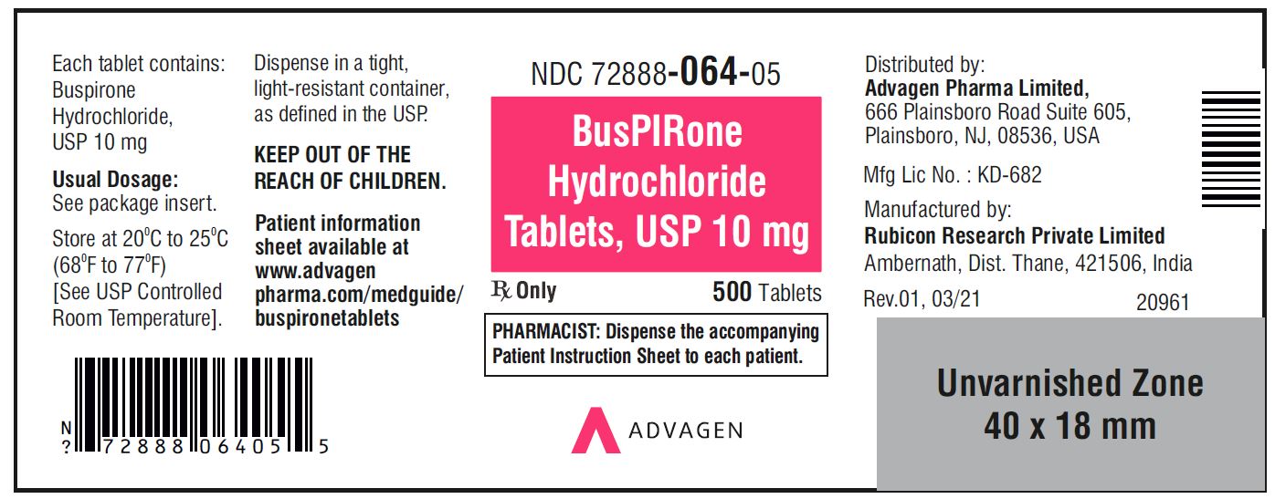 Buspirone HCL Tablets,USP 10 mg - NDC: <a href=/NDC/72888-064-05>72888-064-05</a>  - 500 Tablets Bottle