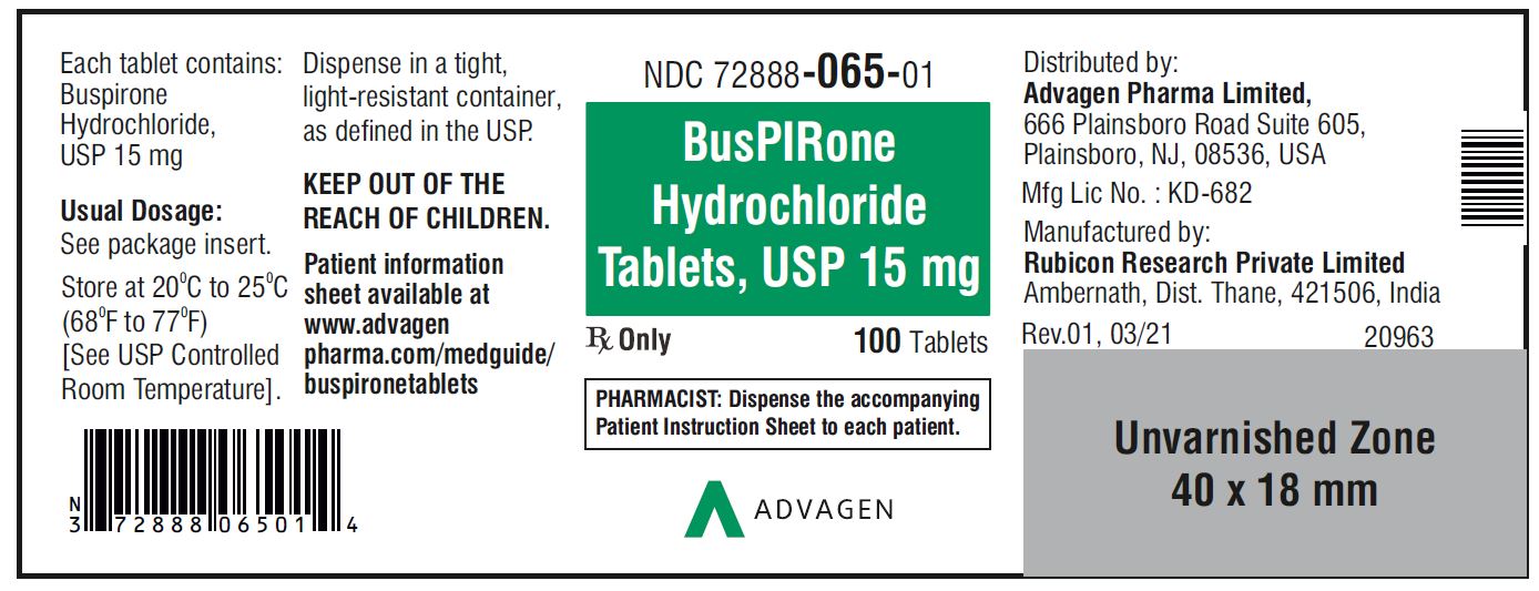 Buspirone HCL Tablets,USP 15 mg - NDC: <a href=/NDC/72888-065-01>72888-065-01</a>  - 100 Tablets Bottle