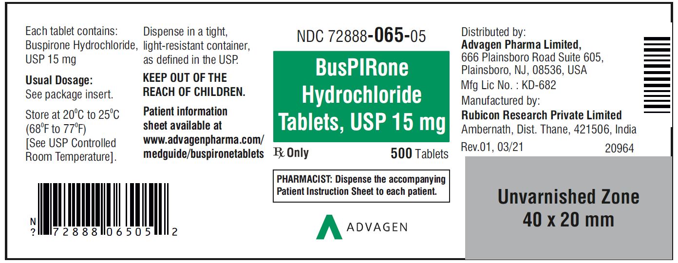 Buspirone HCL Tablets,USP 15 mg - NDC: <a href=/NDC/72888-065-05>72888-065-05</a>  - 500 Tablets Bottle