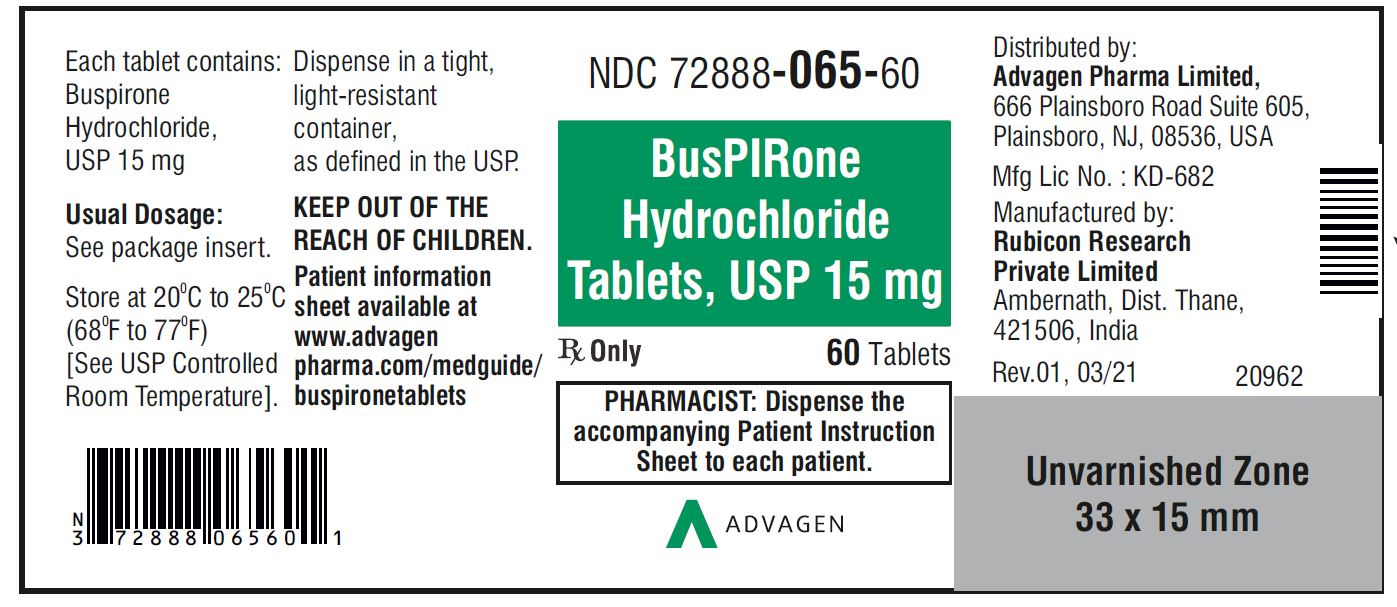 Buspirone HCL Tablets,USP 15 mg - NDC: <a href=/NDC/72888-065-60>72888-065-60</a>  - 60 Tablets Bottle