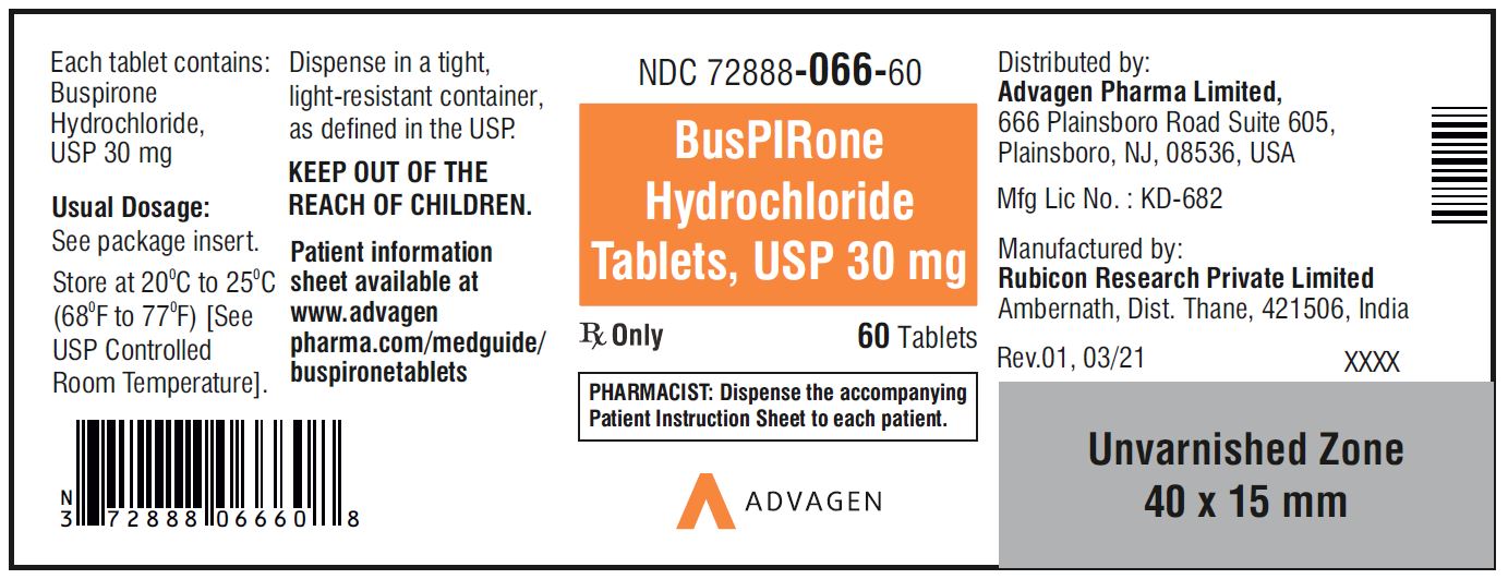 Buspirone HCL Tablets,USP 30 mg - NDC: <a href=/NDC/72888-066-60>72888-066-60</a>  - 60 Tablets Bottle