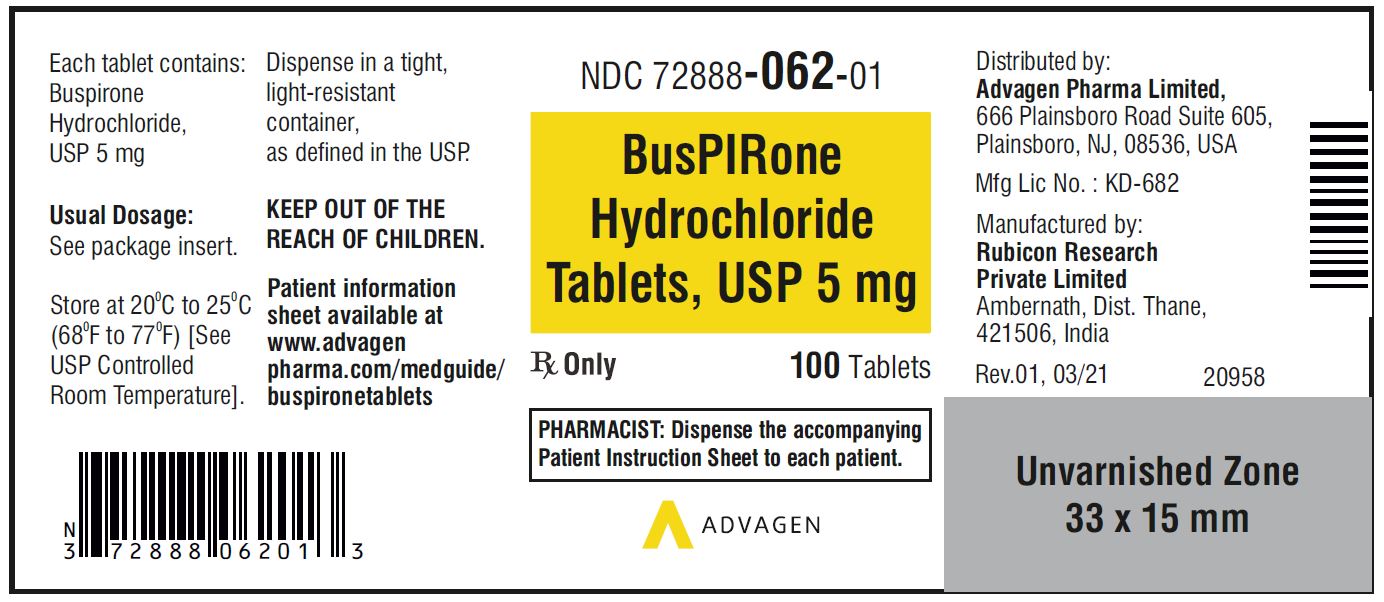 Buspirone HCL Tablets,USP 5 mg - NDC: <a href=/NDC/72888-062-01>72888-062-01</a>  - 100 Tablets Bottle