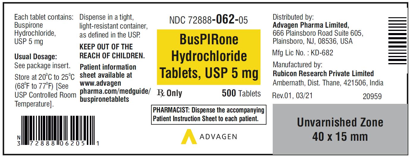 Buspirone HCL Tablets,USP 5 mg - NDC: <a href=/NDC/72888-062-05>72888-062-05</a>  - 500 Tablets Bottle