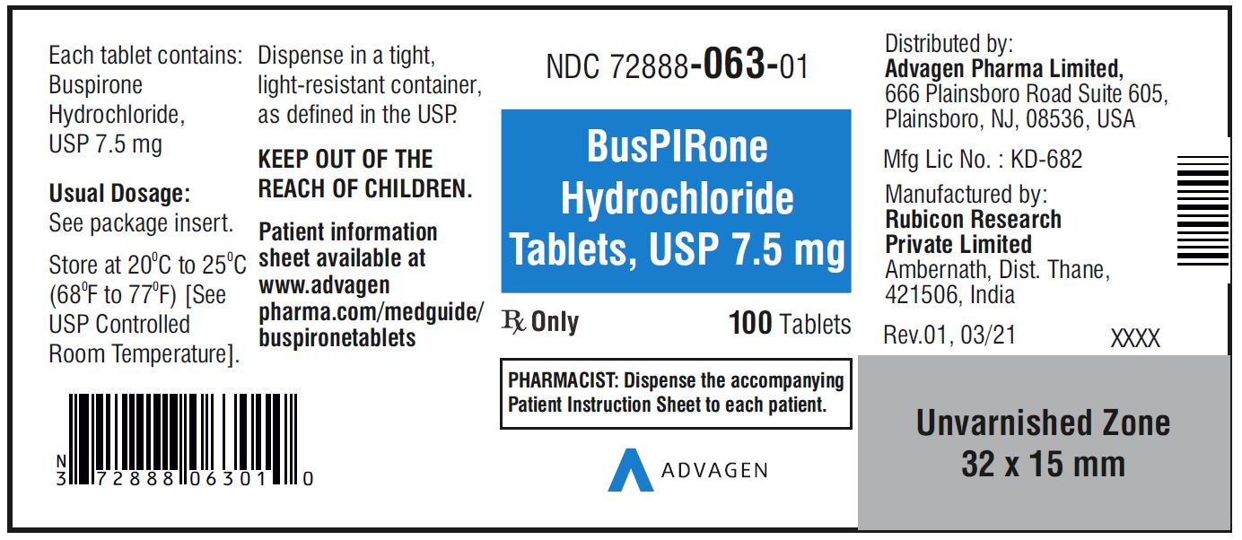 Buspirone HCL Tablets,USP 7.5 mg - NDC: <a href=/NDC/72888-063-01>72888-063-01</a>  - 100 Tablets Bottle