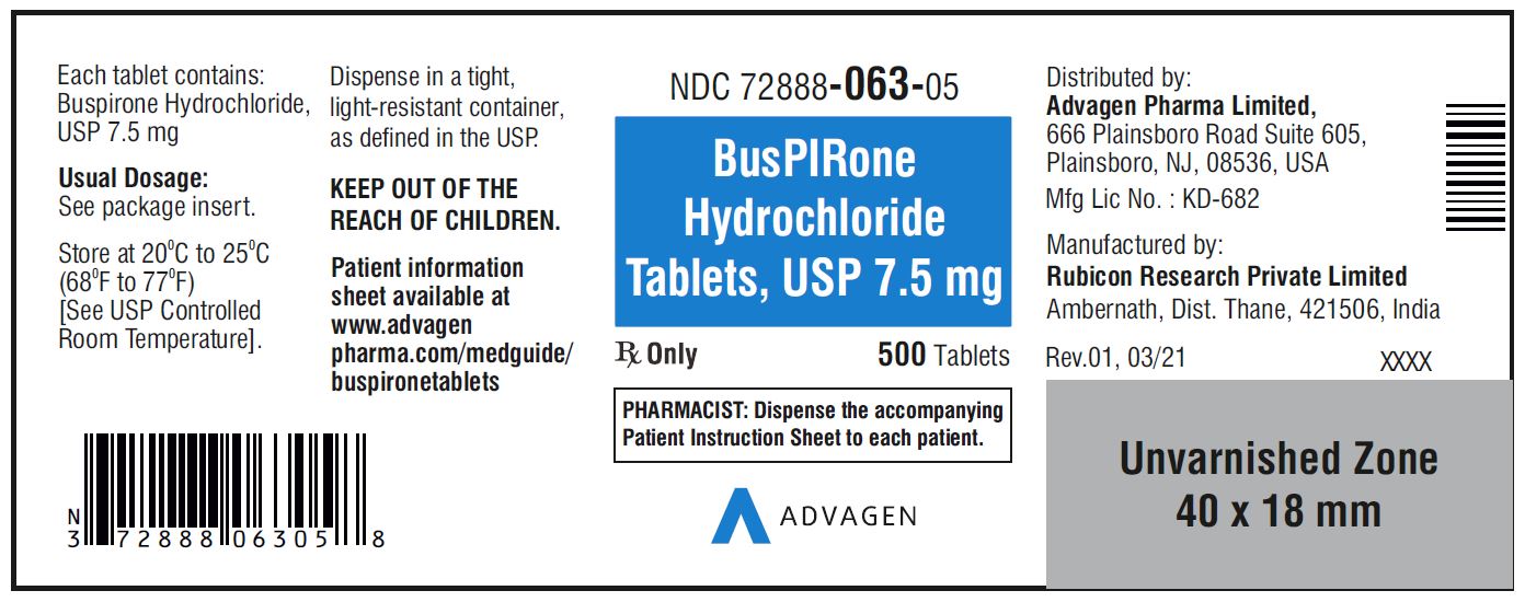 Buspirone HCL Tablets,USP 7.5 mg - NDC: <a href=/NDC/72888-063-05>72888-063-05</a>  - 500 Tablets Bottle