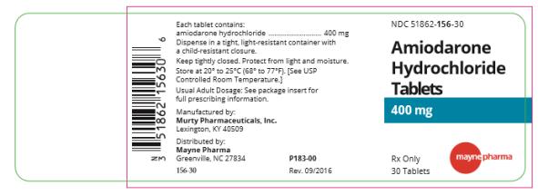 NDC: <a href=/NDC/51862-156-30>51862-156-30</a>
Amiodarone Hydrochloride
Tablets
400 mg
30 Tablets
Rx Only
