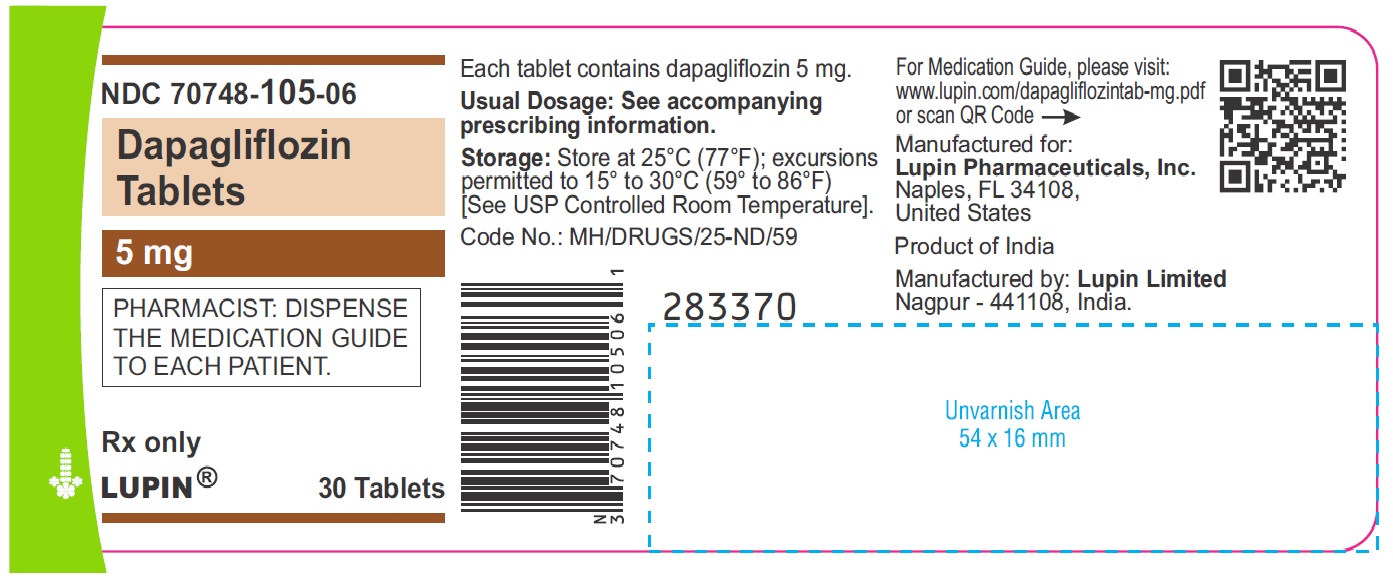 Dapagliflozin Tablets
Rx only
5mg
NDC: <a href=/NDC/70748-105-06>70748-105-06</a>
30 tablets bottle label