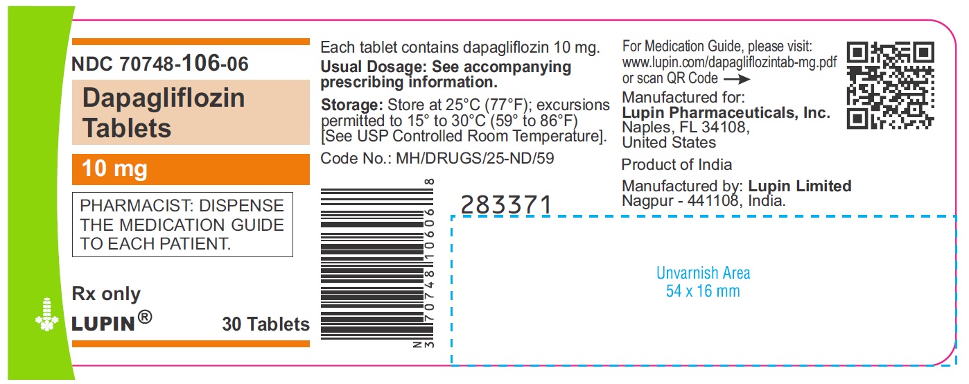 Dapagliflozin Tablets

Rx only

10 mg

NDC: <a href=/NDC/70748-106-06>70748-106-06</a>

30 tablets bottle label