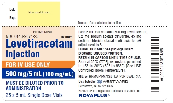 NDC: <a href=/NDC/0143-9574-25>0143-9574-25</a> Rx ONLY Levetiracetam Injection FOR IV USE ONLY 500 mg/5 mL (100 mg/mL) MUST BE DILUTED PRIOR TO ADMINISTRATION 25 x 5 mL Single Dose Vials Each 5 mL vial contains 500 mg levetiracetam, 8.2 mg sodium acetate trihydrate, 45 mg sodium chloride, glacial acetic acid for pH adjustment to 6. USUAL DOSAGE: See package insert. DISCARD UNUSED PORTION. RETAIN IN CARTON UNTIL TIME OF USE. Store at 25ºC (77ºF); excursions permitted to 15º to 30ºC (59º to 86ºF) [See USP Controlled Room Temperature].