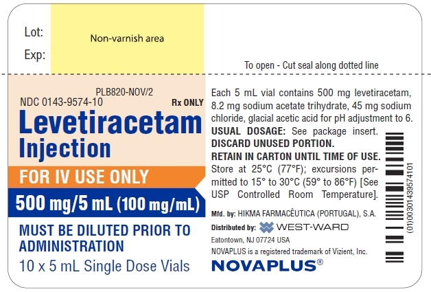 NDC: <a href=/NDC/0143-9574-10>0143-9574-10</a> Rx ONLY Levetiracetam Injection FOR IV USE ONLY 500 mg/5 mL (100 mg/mL) MUST BE DILUTED PRIOR TO ADMINISTRATION 10 x 5 mL Single Dose Vials Each 5 mL vial contains 500 mg levetiracetam, 8.2 mg sodium acetate trihydrate, 45 mg sodium chloride, glacial acetic acid for pH adjustment to 6. USUAL DOSAGE: See package insert. DISCARD UNUSED PORTION. RETAIN IN CARTON UNTIL TIME OF USE. Store at 25ºC (77ºF); excursions permitted to 15º to 30ºC (59º to 86ºF) [See USP Controlled Room Temperature].