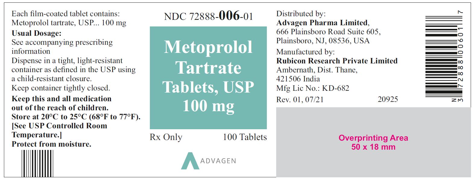 NDC: <a href=/NDC/72888-006-01>72888-006-01</a> - Metoprolol Tartrate Tablets, USP 100 mg - 100 Tablets