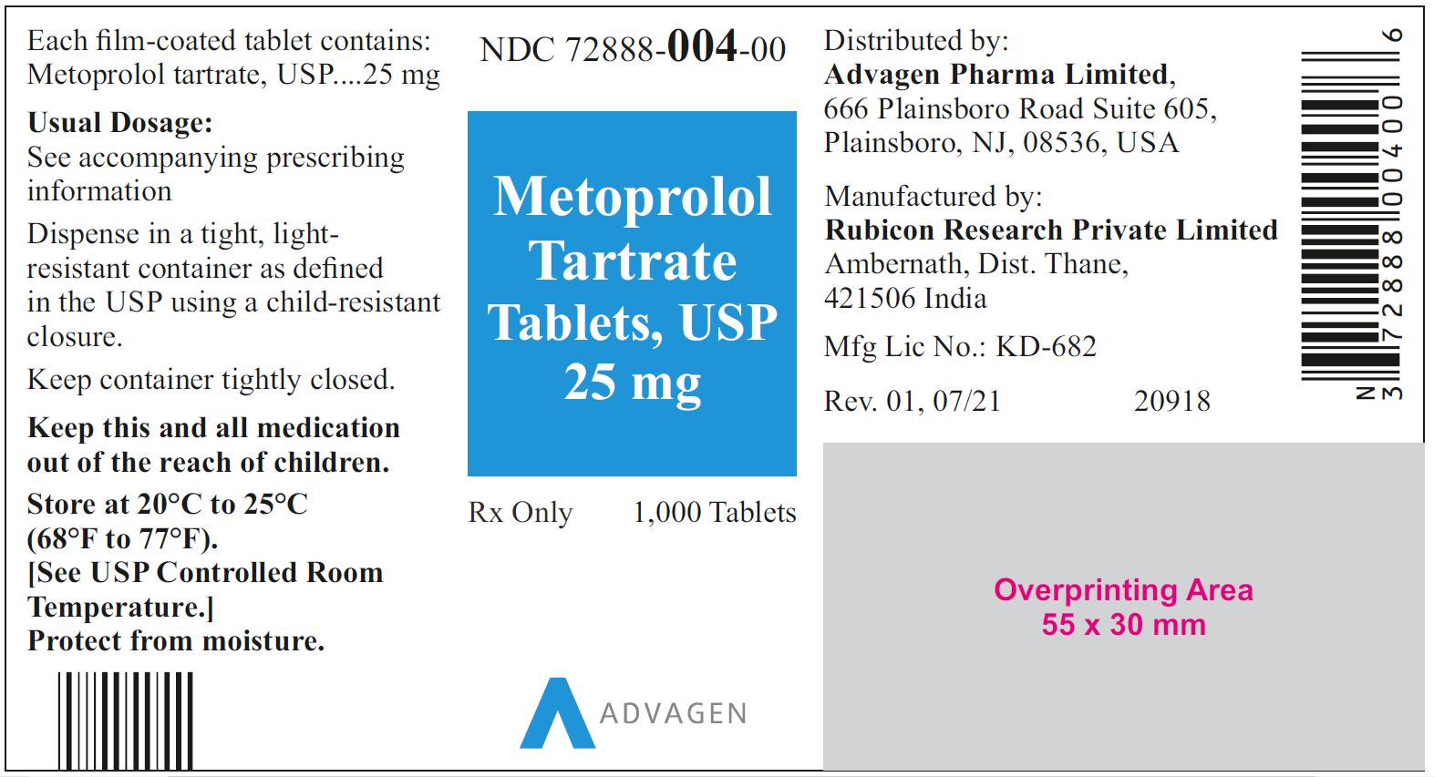 NDC: <a href=/NDC/72888-004-00>72888-004-00</a> - Metoprolol Tartrate Tablets, USP 25 mg - 1000 Tablets