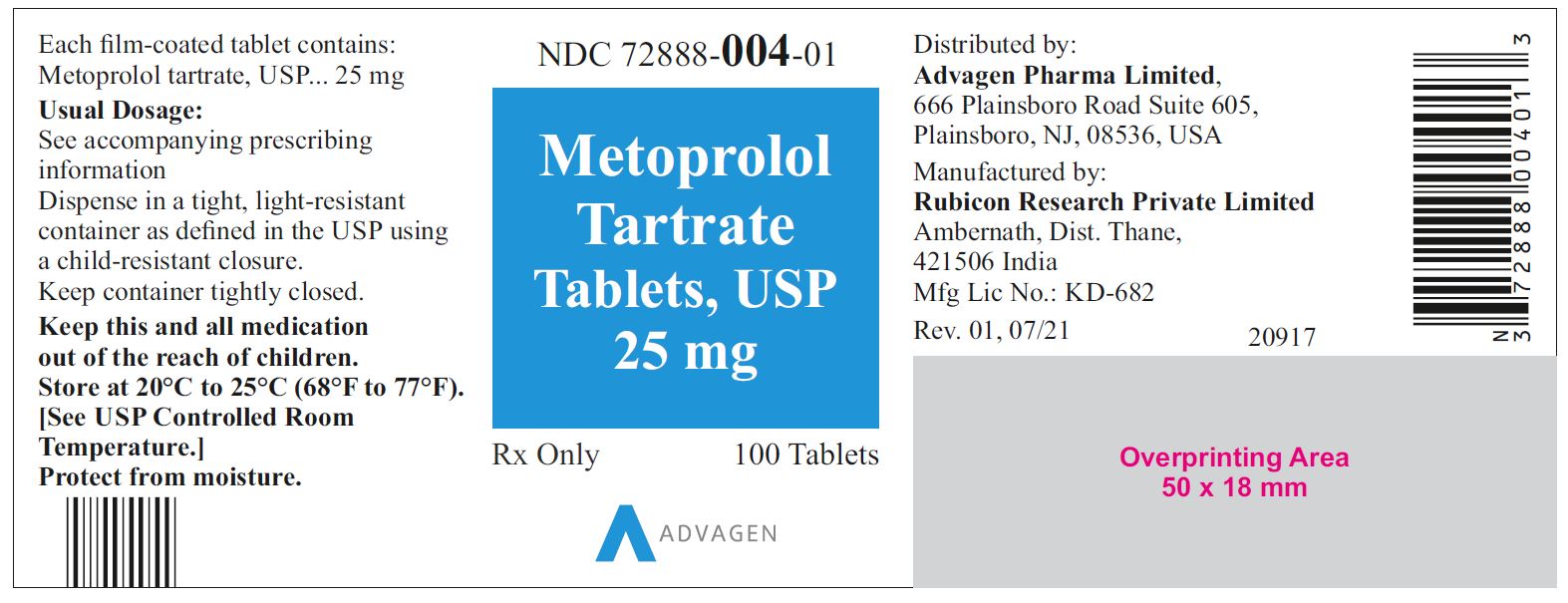 NDC: <a href=/NDC/72888-004-01>72888-004-01</a> - Metoprolol Tartrate Tablets, USP 25 mg - 100 Tablets