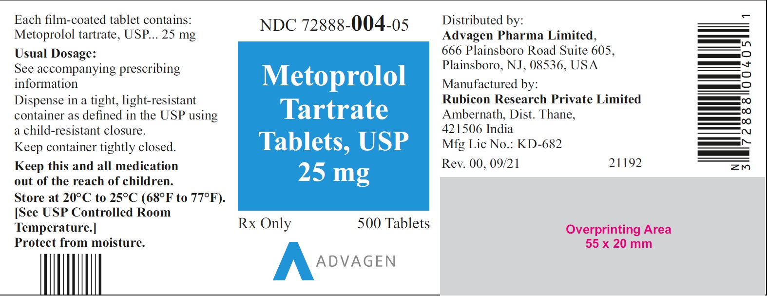 NDC: <a href=/NDC/72888-004-05>72888-004-05</a> - Metoprolol Tartrate Tablets, USP 25 mg - 500 Tablets