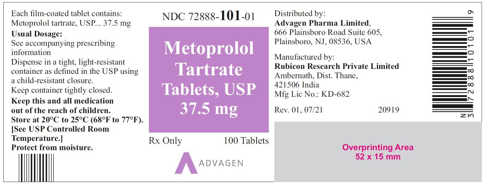 NDC: <a href=/NDC/72888-101-01>72888-101-01</a> - Metoprolol Tartrate Tablets, USP 37.5 mg - 100 Tablets