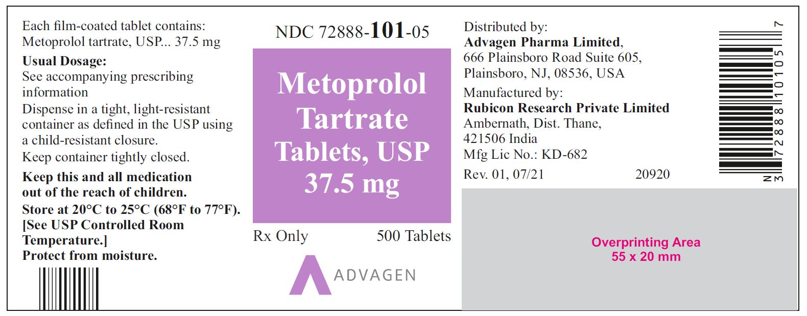 NDC: <a href=/NDC/72888-101-05>72888-101-05</a> - Metoprolol Tartrate Tablets, USP 37.5 mg - 500 Tablets